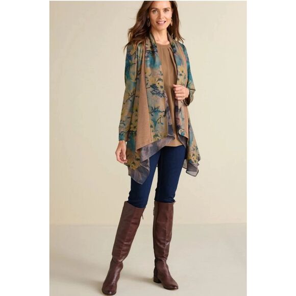 Soft Surroundings Floral Tea Garden Topper Tiered Cardigan Sweater Bird Boho LP - Picture 4 of 16